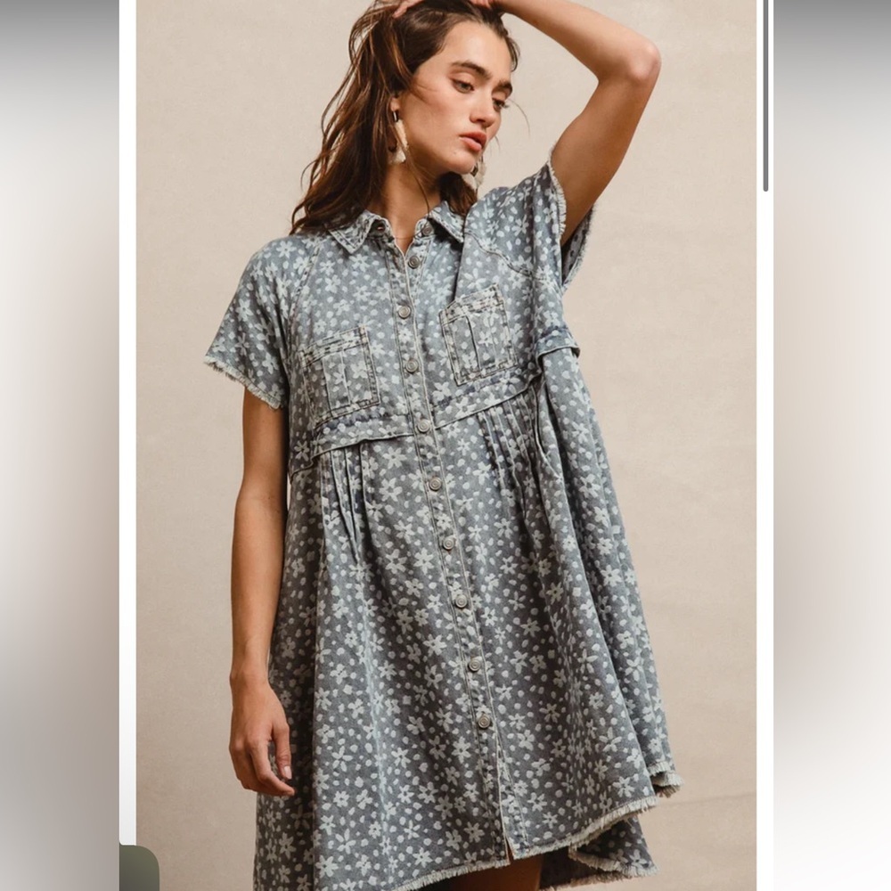 Bibi Washed Floral Denim Dress Raw Frayed Hem Cotton Blend Small